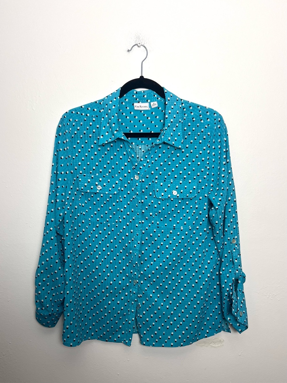 Aqua Polka Dot Button Front Roll Tab Blouse Collared Utility Top | Color Pop